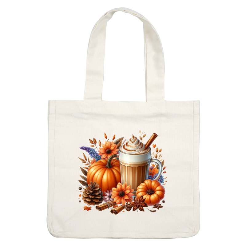 A cozy autumn scene featuring a frothy pumpkin spice latte surrounded by vibrant pumpkins and colorful flowers, perfect for fall. heat press transfers
