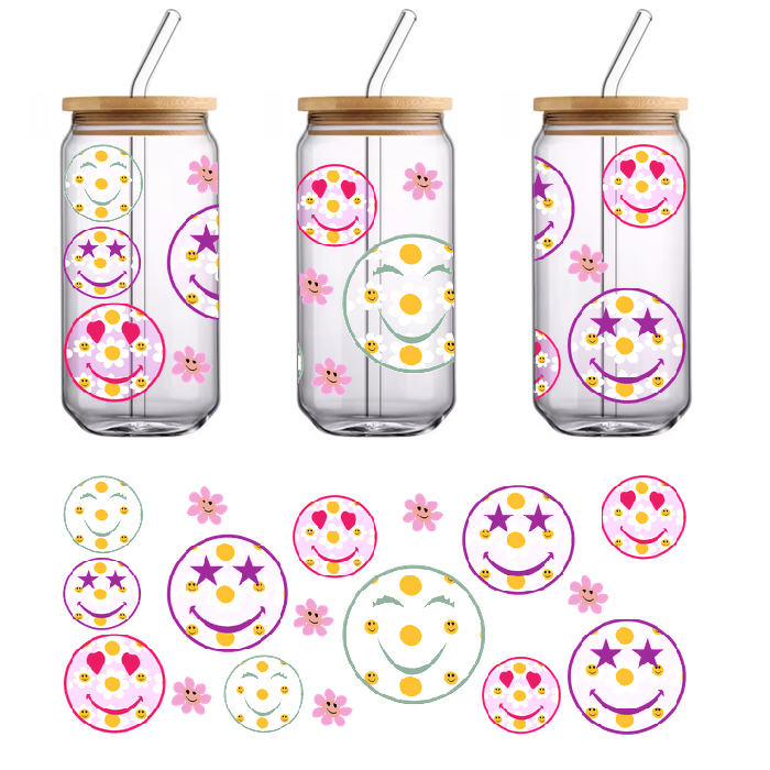 Smiley face stickers come in various bright colors and designs.UV Transfers