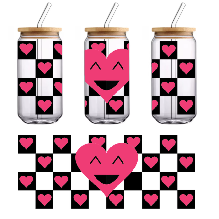 A green and black pattern with a smiling heart on it.UV Transfers