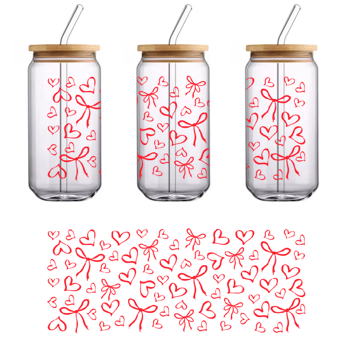 Beautiful red heart stickers on a green background.UV Transfers