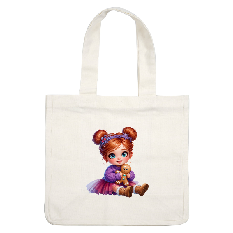 Una niñita alegre con un acogedor suéter morado y una falda rosa, abrazando un juguete de galleta de jengibre. Transferencias DTF