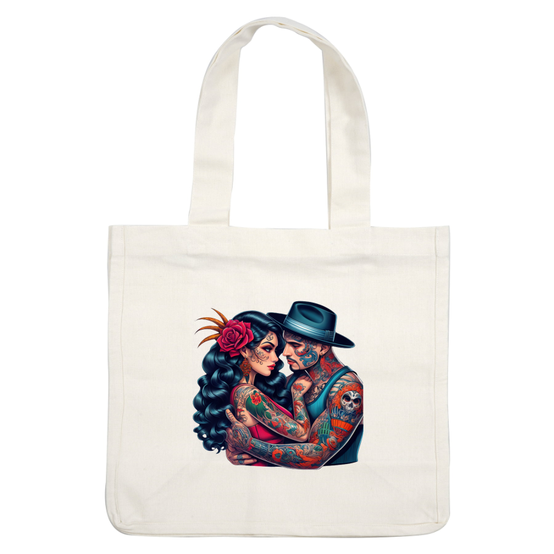 Una pareja vibrante se abraza, mostrando tatuajes intrincados y atuendos elegantes, enfatizando una combinación de amor y arte. Transferencias DTF