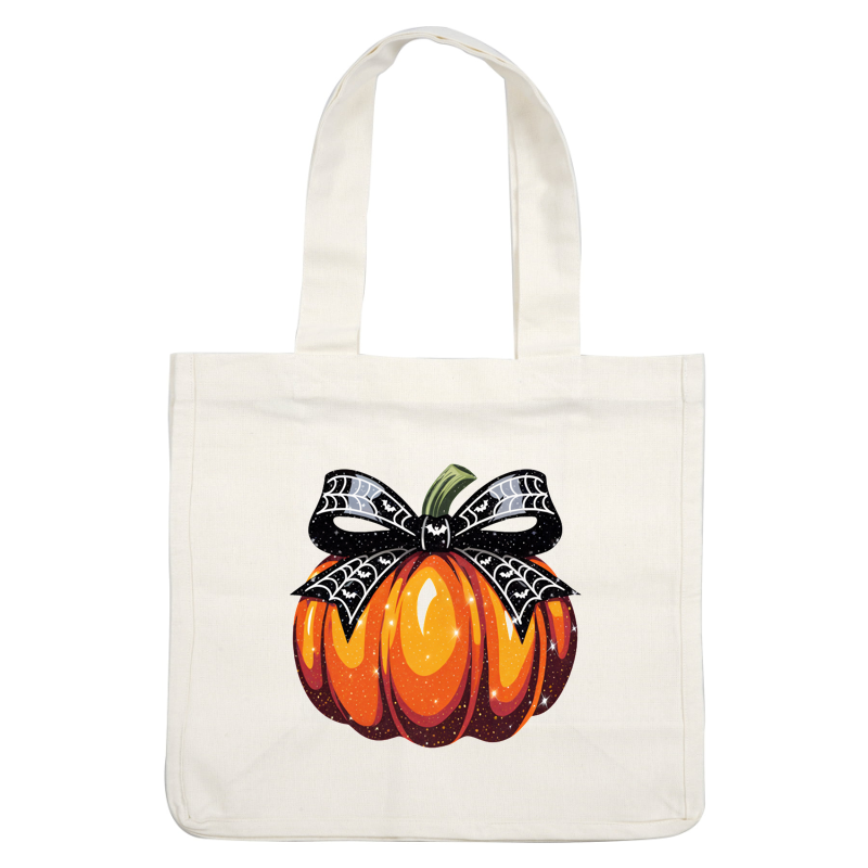 A festive pumpkin adorned with a black spiderweb bow and sparkling details, perfect for Halloween celebrations! dtf transfers