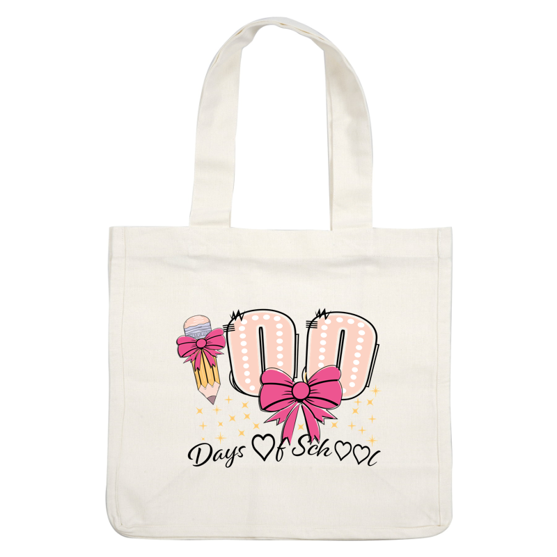 Celebrate creativity with this fun graphic featuring a pencil and pink bows, highlighted by sparkling stars and the number "100"!DTF Transfers