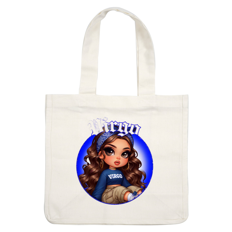 A cute illustrated character representing Virgo, featuring curly hair, a blue bandana, and stylish casual attire.dtf regular iron