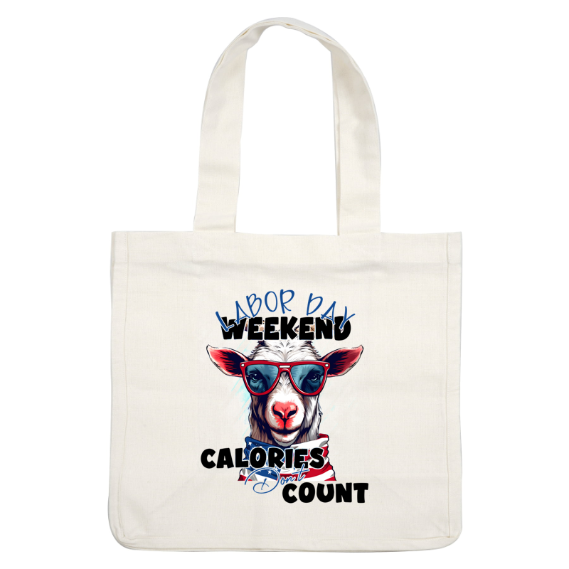 A fun, colorful graphic featuring a stylish goat in sunglasses, celebrating Labor Day weekend with a playful slogan. dtf transfers