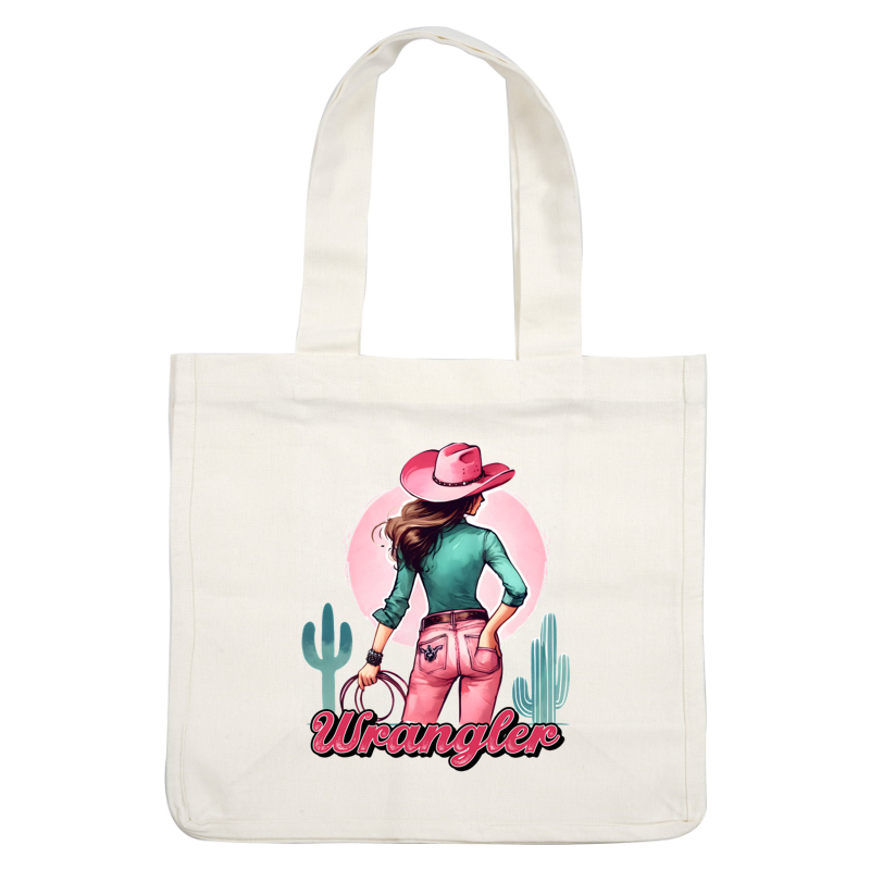 A stylish cowgirl in a pink hat and fitted jeans, holding a lasso, embodies the Wrangler spirit against a desert backdrop. dtf transfers