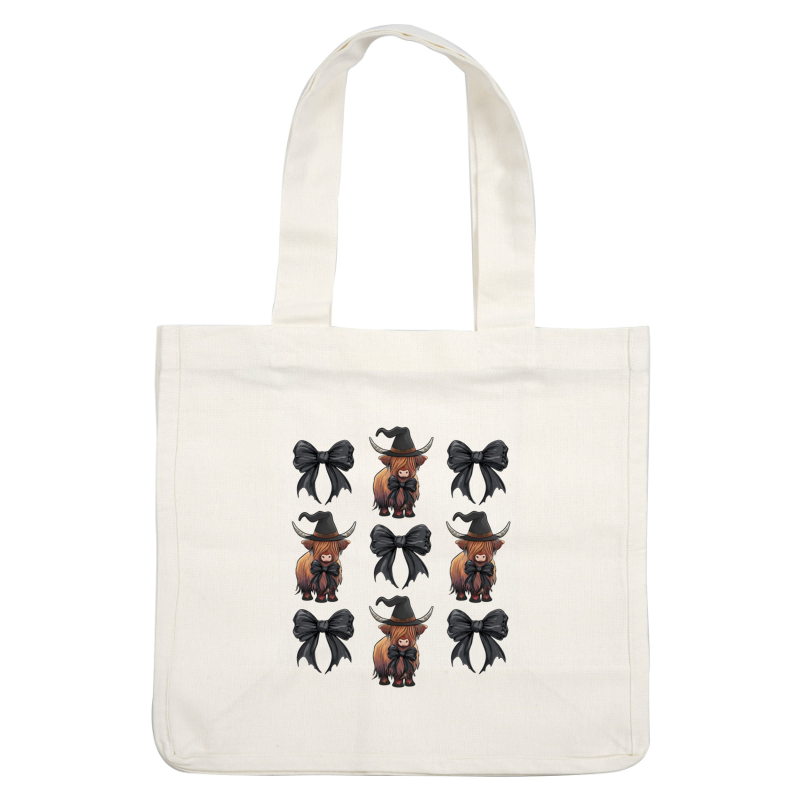 Un patrón divertido que presenta adorables vacas de las Tierras Altas con sombreros de bruja, rodeadas de elegantes lazos negros, perfectos para temas de Halloween.