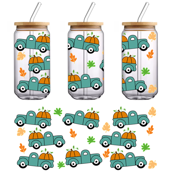 A whimsical pattern featuring teal trucks loaded with pumpkins and autumn leaves.UV Transfers