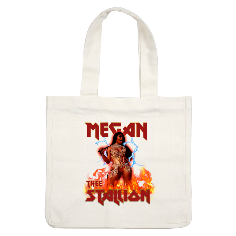 Gráfico dinámico que presenta a Megan Thee Stallion con un traje deslumbrante, rodeada de llamas y sorprendentes efectos de relámpagos. Transferencias DTF