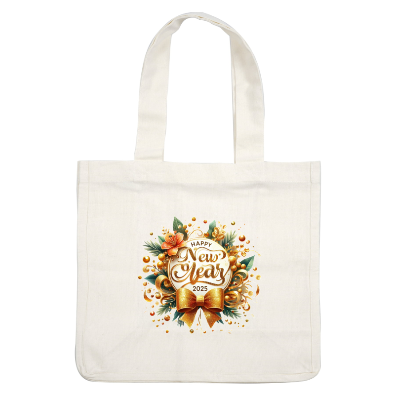 Celebrate the arrival of 2025 with this vibrant "Happy New Year" design featuring golden accents, floral elements, and a festive bow!DTF Transfers