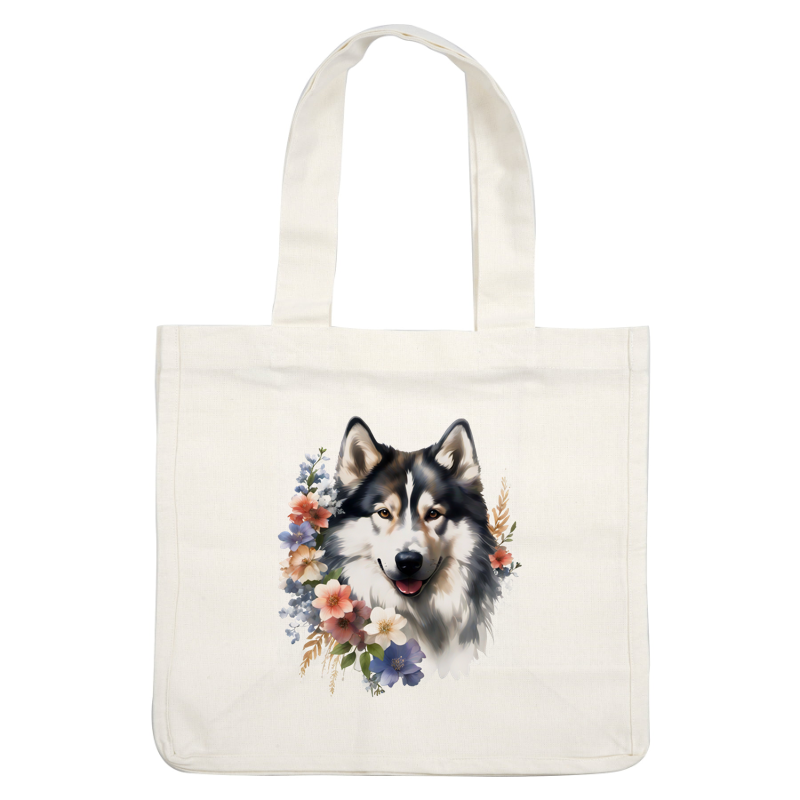 A beautiful, smiling wolf surrounded by an array of colorful flowers, capturing a blend of nature's elegance and wild charm.dtf regular iron