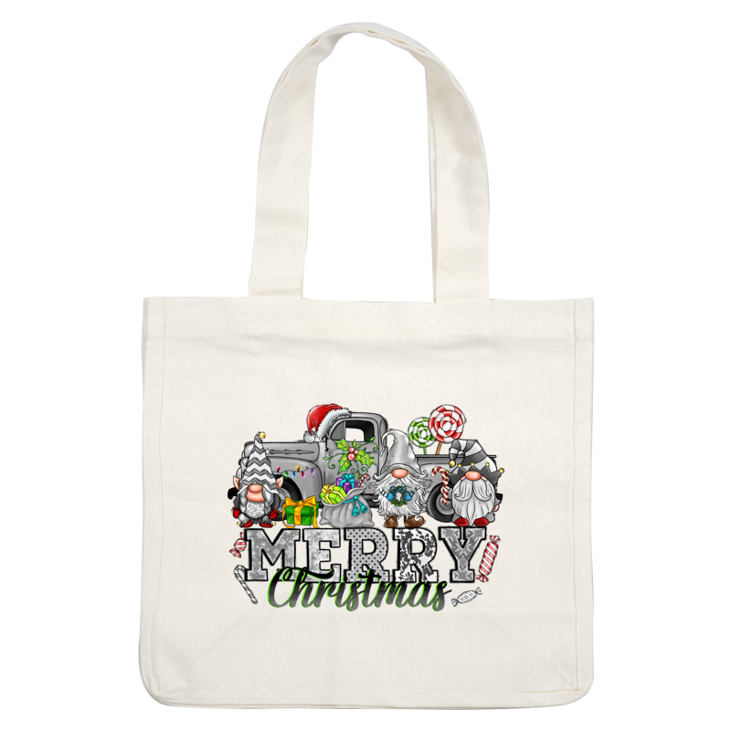 Celebrate the holiday season with this charming illustration featuring four festive gnomes, a vintage truck, and cheerful decorations!DTF Transfers dtf transfers