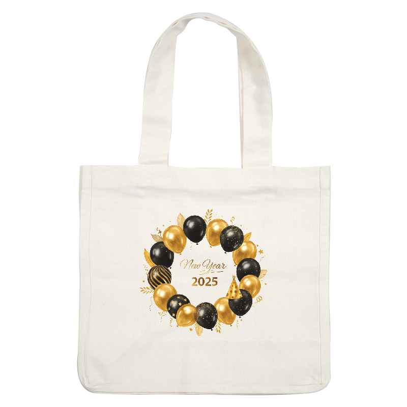 Celebrate New Year 2025 with this festive wreath adorned with gold and black balloons, perfect for any party!DTF Transfers