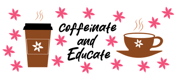 Una acogedora ilustración que presenta una taza de café humeante y una taza de café para llevar, rodeadas de flores rosas. Transferencias UV