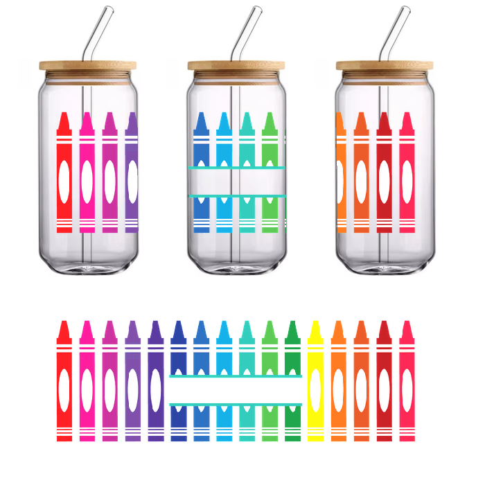 A group of color crayons is displayed on a green background.UV Transfers