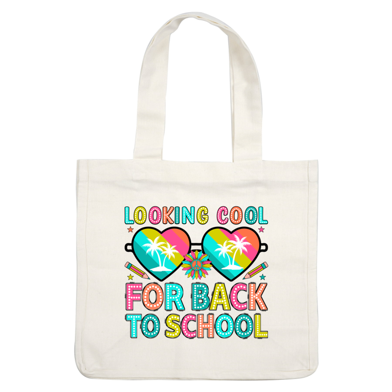 A vibrant and fun graphic design celebrating "Looking Cool for Back to School," featuring hearts, palm trees, and colorful elements.DTF Transfers