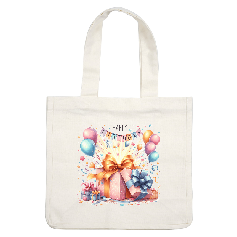Celebrate in style with this vibrant birthday illustration featuring beautifully wrapped gifts, colorful balloons, and festive decorations!DTF Transfers