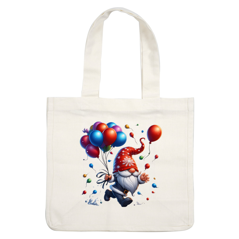 Un gnomo alegre con un sombrero rojo festivo y barba blanca sostiene con alegría globos de colores mientras corre por un paisaje nevado.