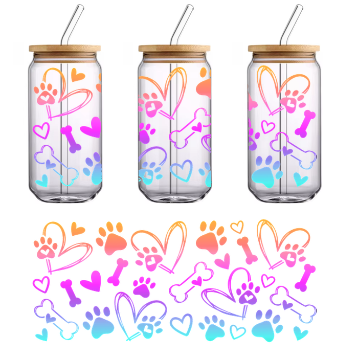 A collection of different designs of hearts, hearts with paws, and dog bones.UV Transfers