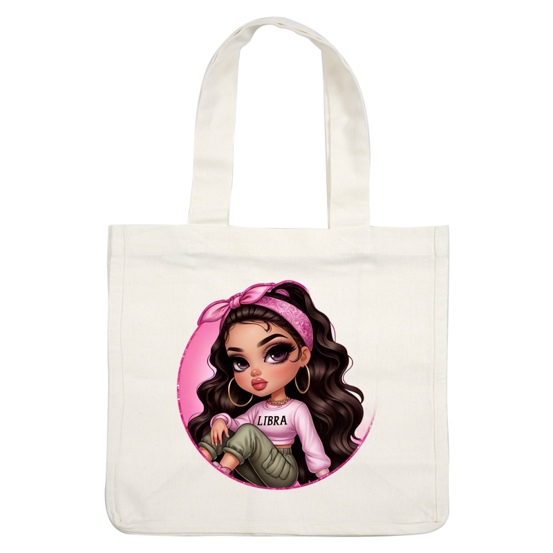 A stylish cartoon girl with curly hair and a pink headband wears a "LIBRA" top and trendy green bottoms. dtf prints