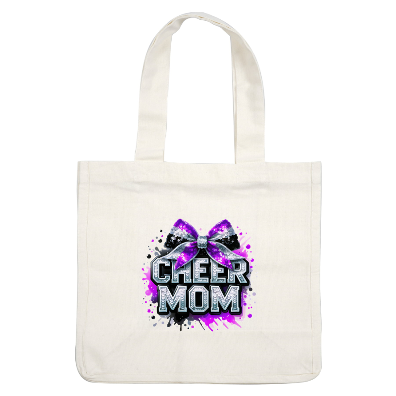 Bright and playful "Cheer Mom" graphic featuring a sparkly black and purple bow, perfect for celebrating cheerleading enthusiasts!DTF Transfers dtf transfers