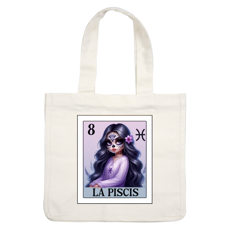 A whimsical illustration representing the Pisces zodiac sign, featuring a girl with sugar skull makeup and long, wavy hair. dtf transfers