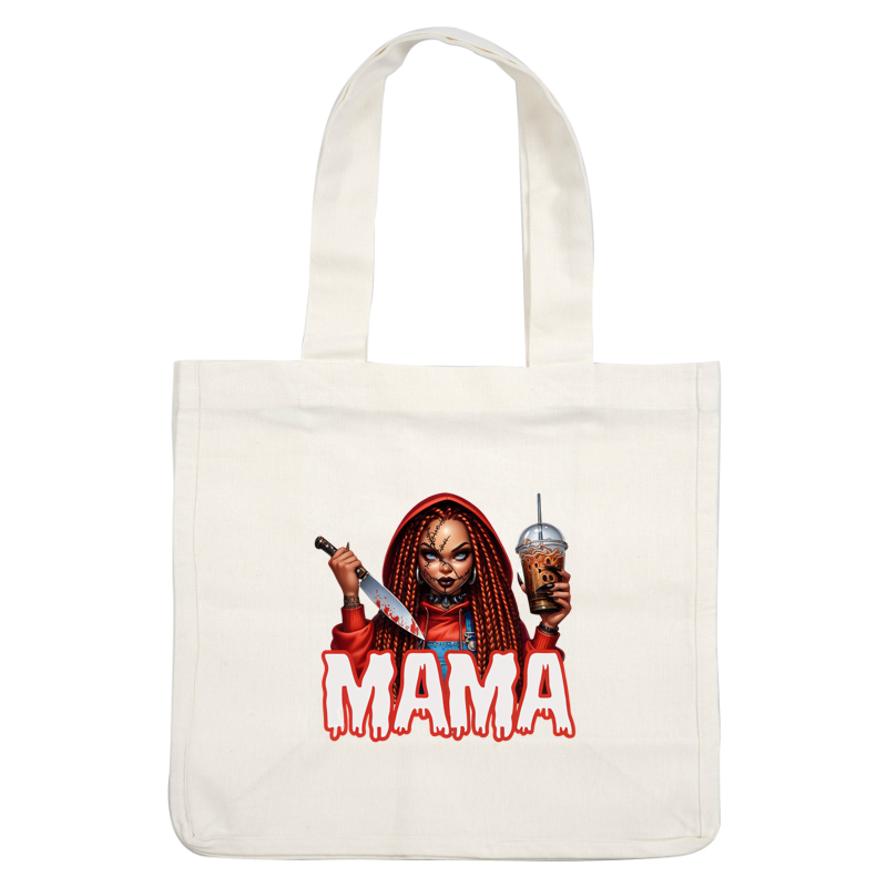 A fierce illustration of a woman with braided hair, holding a knife and drink, featuring the bold text "MAMA." dtf prints