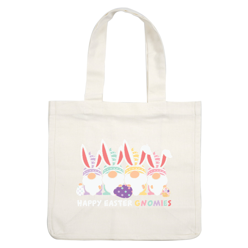 Colorful and cheerful Easter gnomes celebrate the holiday with bunny ears, decorated eggs, and a festive "Happy Easter" message.DTF Transfers