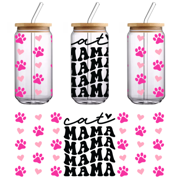 This is a "Cat Mama" sticker in neon pink paw prints on a black background.UV Transfers