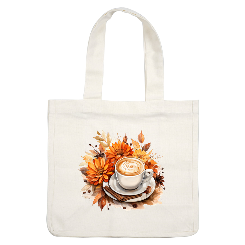 A steaming cup of coffee with swirling crema, surrounded by vibrant orange flowers and autumn leaves, and cinnamon sticks nearby. dtf prints