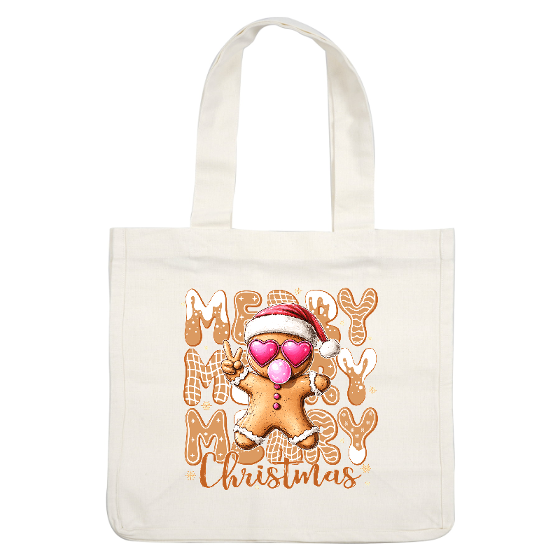 A cheerful gingerbread man in sunglasses and Santa hat wishes "Merry Christmas!"DTF Transfers