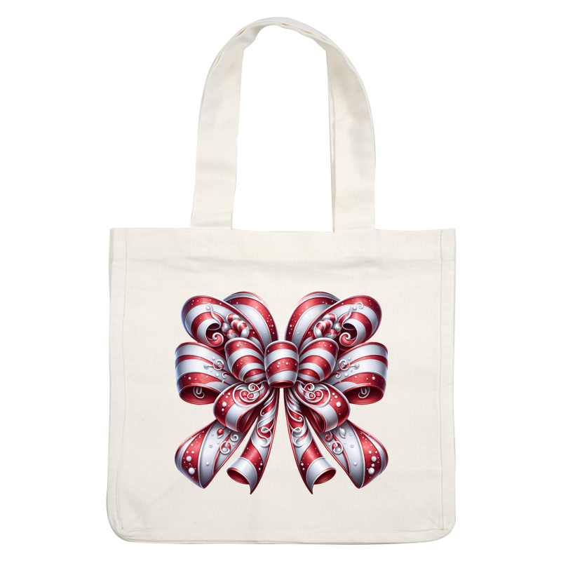 Un lazo rojo y blanco vibrante y festivo, adornado con patrones en espiral y puntos decorativos, perfecto para regalar en las fiestas.