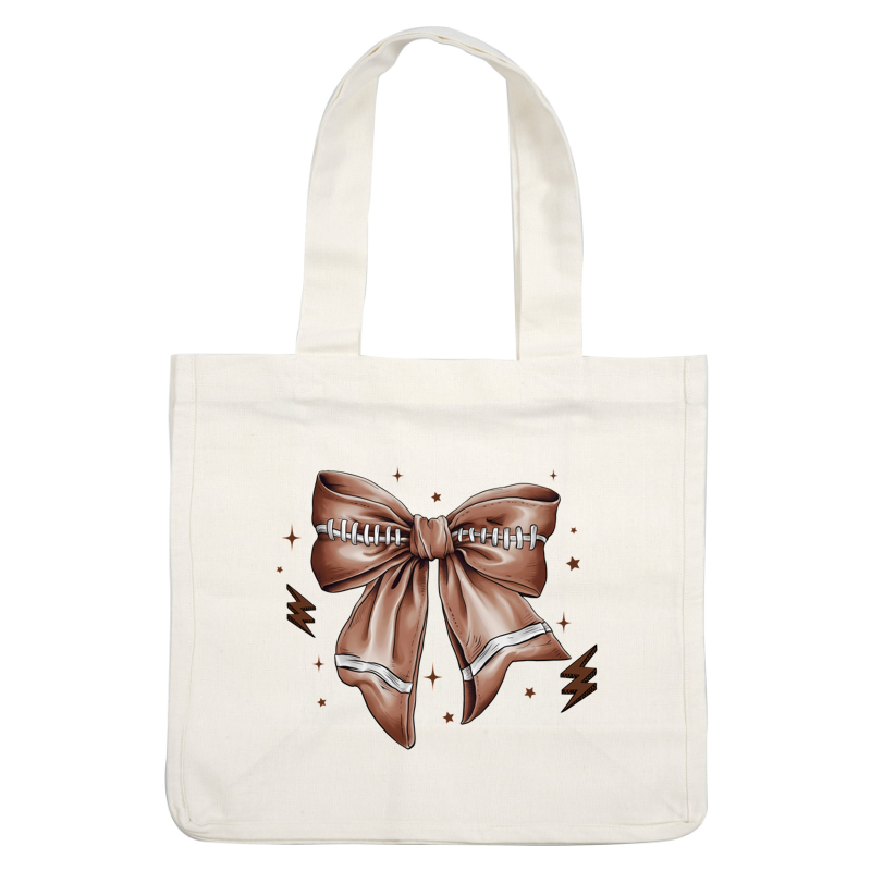 A stylish, large brown bow with white detailing and lacing, accented by playful stars and lightning bolts for a whimsical touch. dtf prints