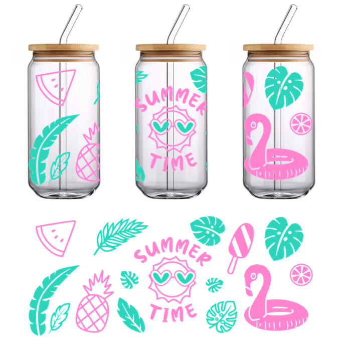 Fun summer-themed illustration featuring vibrant colors, tropical elements, and playful designs.UV Transfers