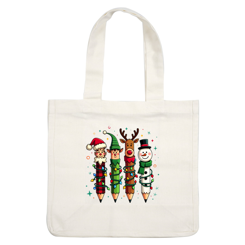 A festive illustration of four colorful pencils dressed as Santa, an elf, a reindeer, and a snowman, adorned with Christmas lights.DTF Transfers