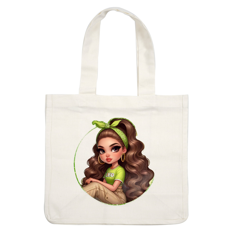 A stylish character with voluminous brown curls, wearing a green top and headband, set against a vibrant green background.dtf regular iron