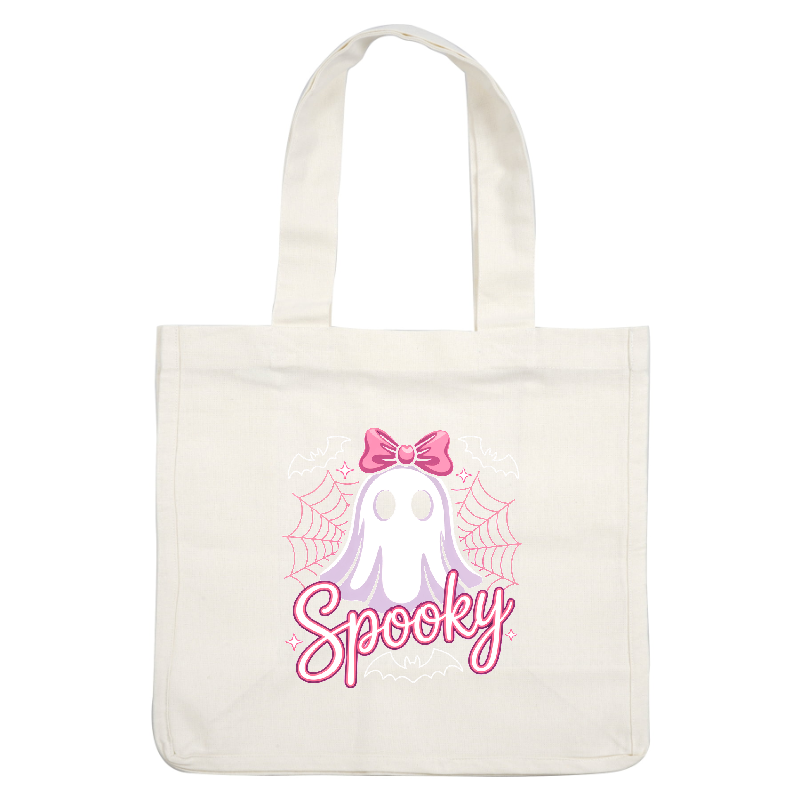 A cute ghost graphic with a pink bow and "Spooky" text design.DTF Transfers