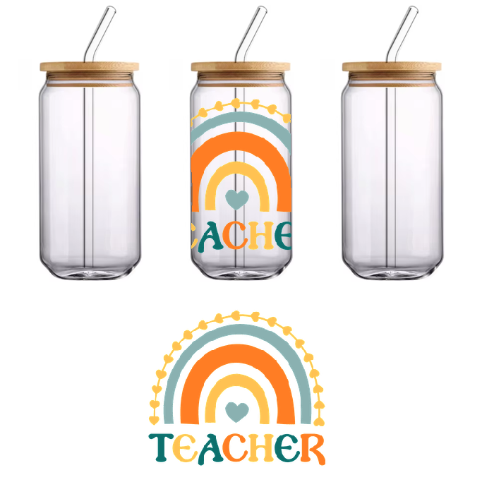 T-shirt with a boho rainbow design and the word Teacher.UV Transfers