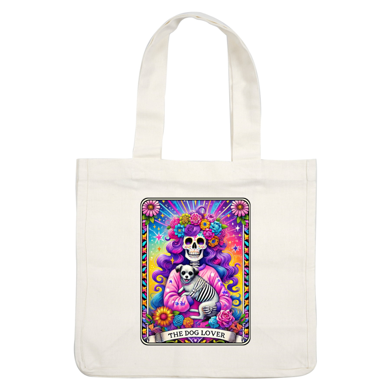 Colorful skeleton art featuring a flower-crowned figure lovingly holding a striped dog, celebrating dog lovers with vibrant floral details. dtf prints