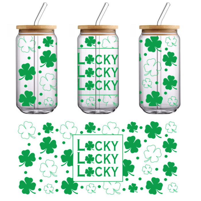 Celebre la suerte con este diseño verde vibrante que presenta la palabra "Lucky" rodeada de tréboles. Transferencias UV