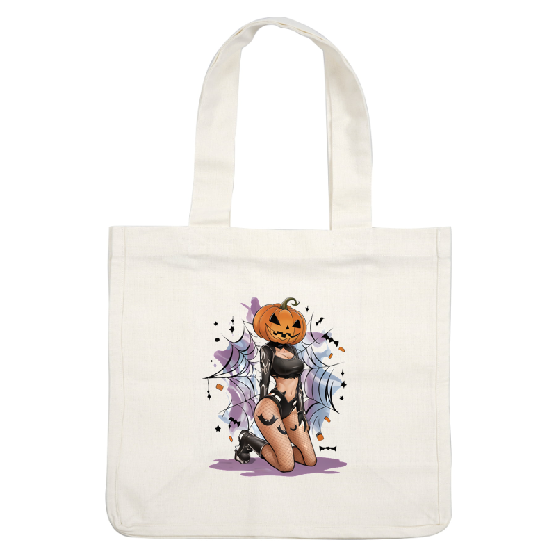 A playful Halloween-themed illustration featuring a figure with a pumpkin head, fishnet stockings, and spiderweb accents. dtf prints