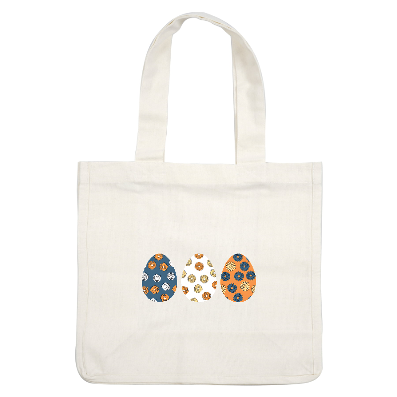 A charming trio of patterned Easter eggs featuring floral designs in vibrant blue, orange, and white colors.DTF Transfers