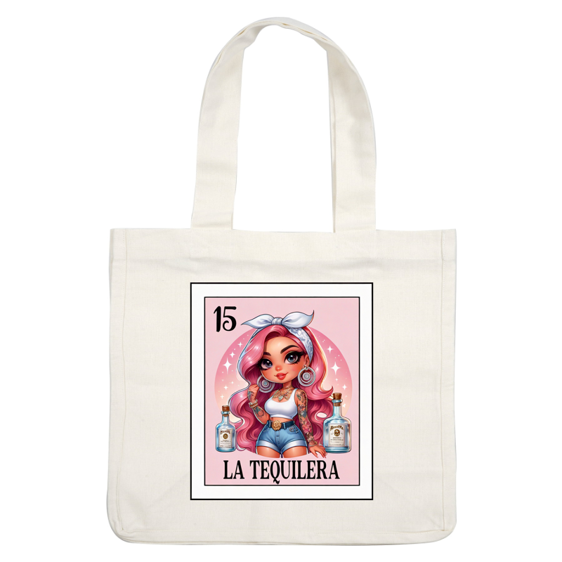 A vibrant illustration featuring a stylish woman with pink hair and tattoos, surrounded by tequila bottles, labeled "La Tequilera." dtf prints