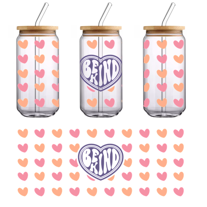 Colorful heart pattern featuring the playful text "Be Kind" in a heart.UV Transfers
