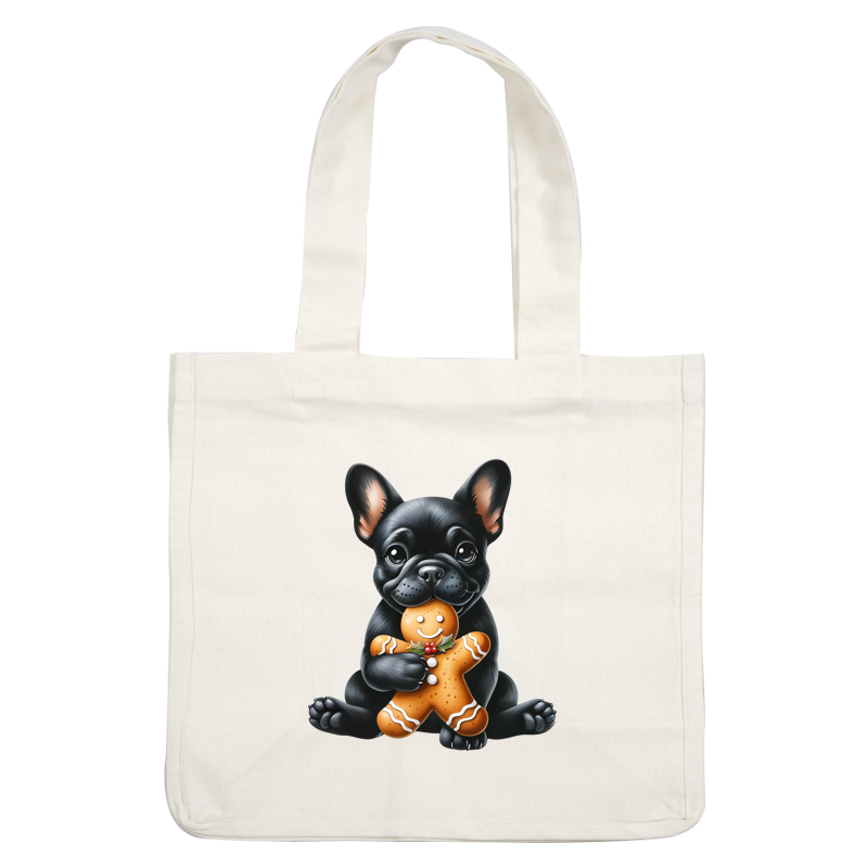 A cute black French Bulldog joyfully holds a festive gingerbread cookie, complete with icing and a cheerful smile. dtf prints