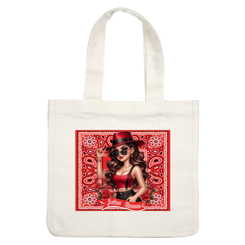 A stylish illustration of a confident woman wearing a red top, black shorts, sunglasses, and a matching red hat, surrounded by floral designs.dtf regular iron