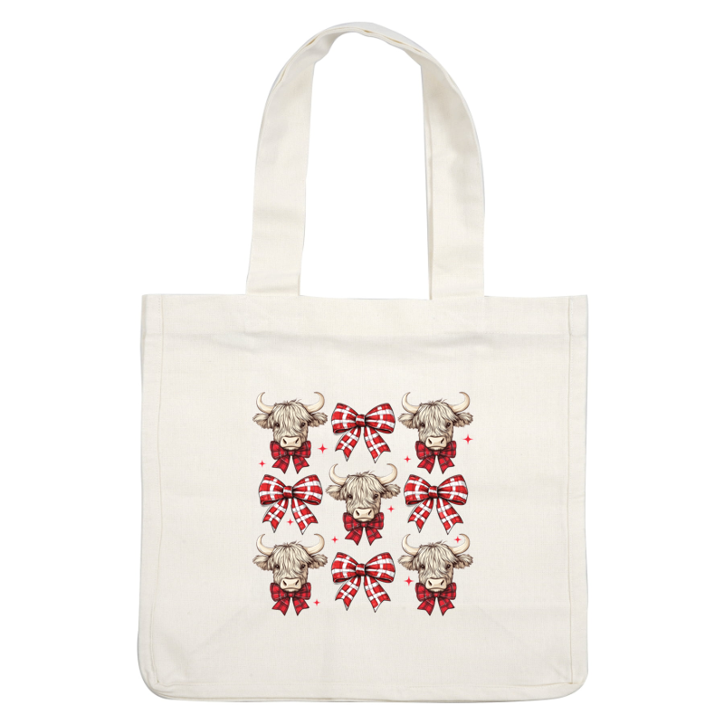 A whimsical pattern featuring adorable cow heads adorned with red plaid bows, perfect for cozy and festive designs. dtf prints