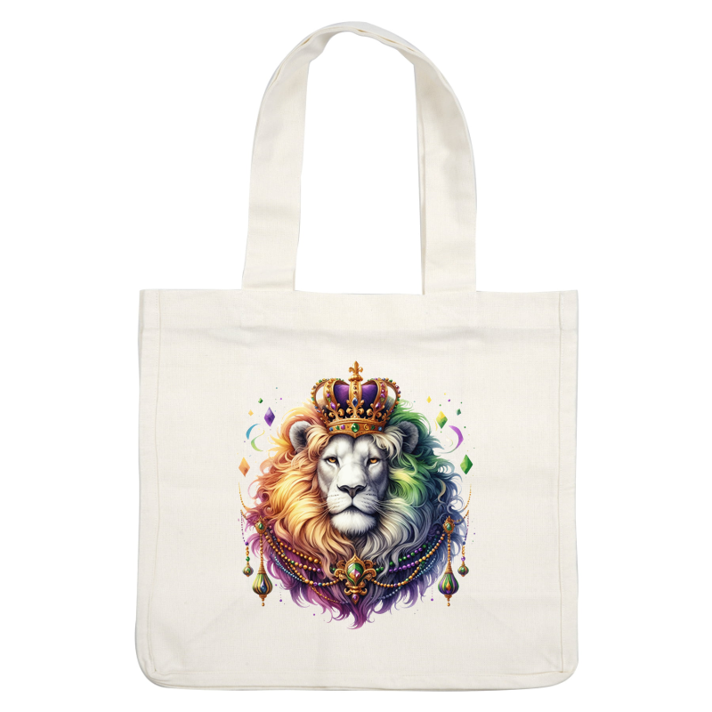 This vibrant artwork features a majestic lion adorned with a royal crown and intricate jewelry, showcasing colorful and flowing fur.DTF Transfers