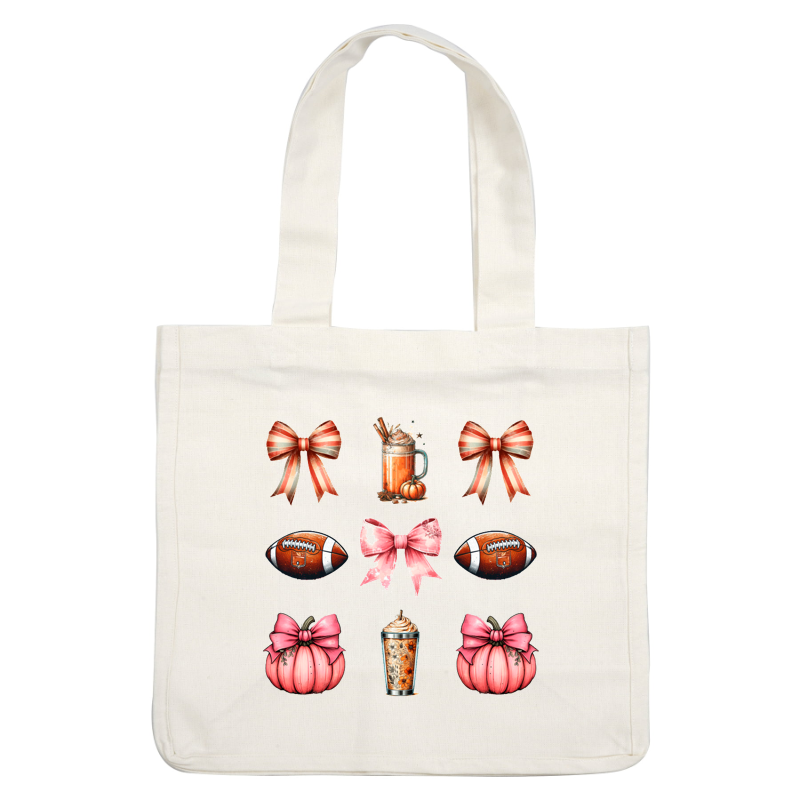 Un collage vibrante con elementos de temporada: moños, calabazas, balones de fútbol y una bebida cremosa, perfecto para las festividades de otoño.